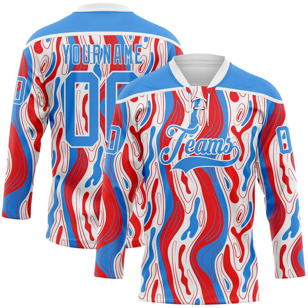 Custom White Powder Blue-Red American Flag Hockey Lace Neck Jersey