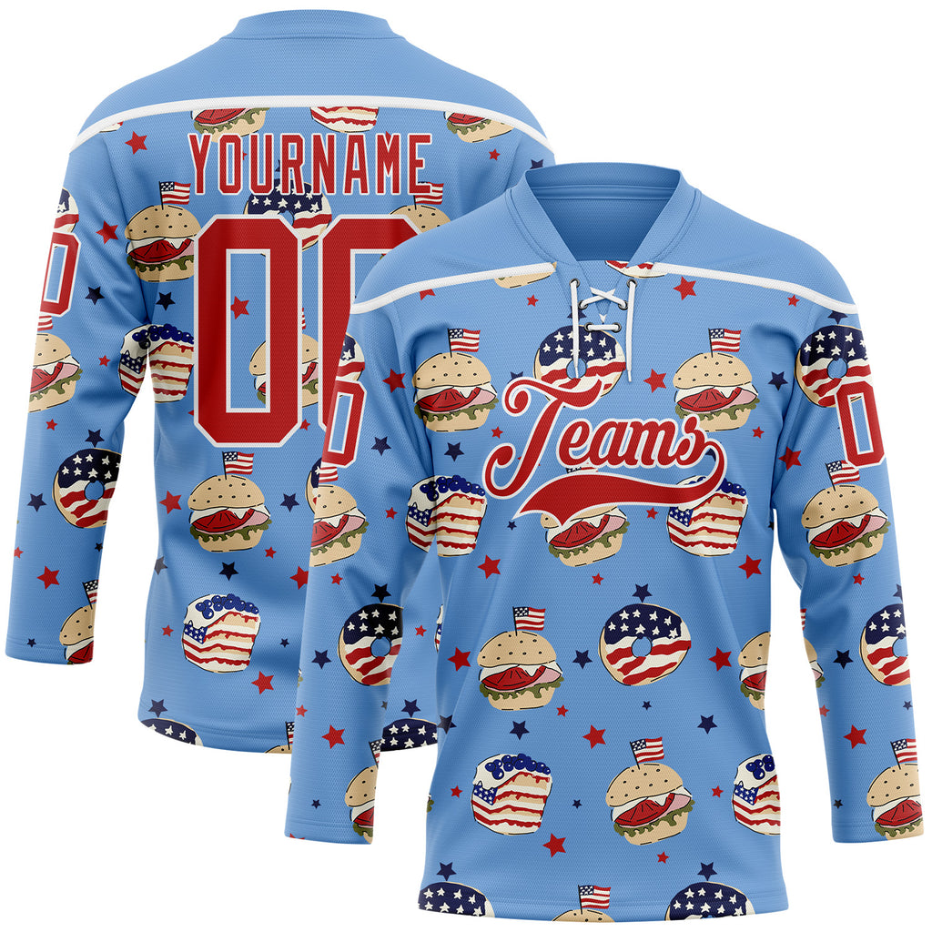 Custom Light Blue Red-White American Flag Hockey Lace Neck Jersey