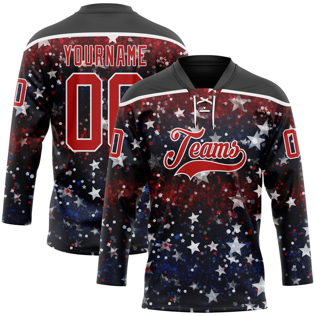 Custom Black Red-White American Flag Hockey Lace Neck Jersey