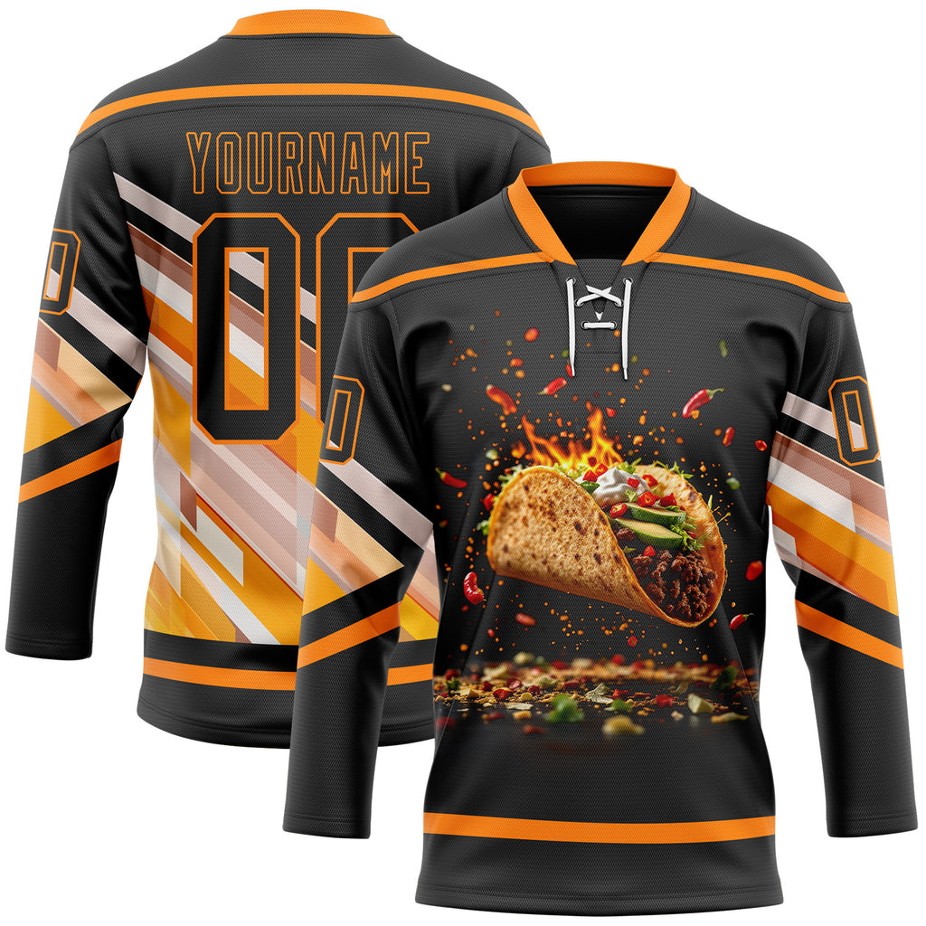 Custom Black Bay Orange-White 3D Pattern Design Foodie Funny Tacos Hockey Lace Neck Jersey