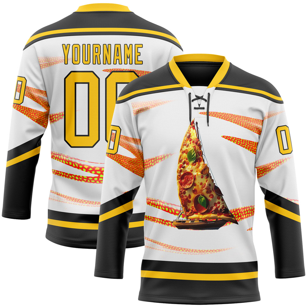 Custom White Yellow-Black 3D Pattern Design Foodie Funny Pizza Hockey Lace Neck Jersey