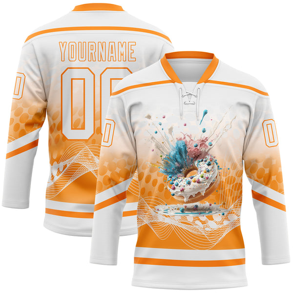 Custom White Bay Orange 3D Pattern Design Foodie Funny Donuts Hockey Lace Neck Jersey