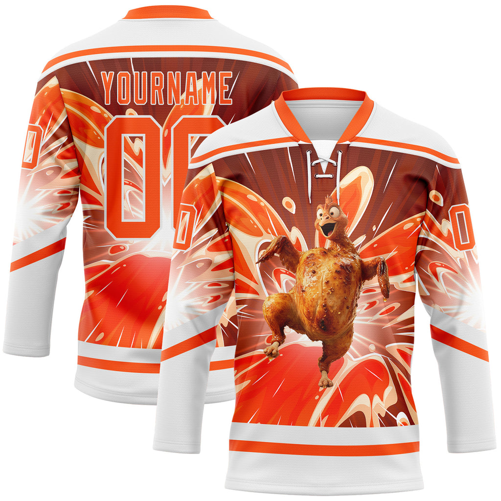 Custom White Orange 3D Pattern Design Foodie Funny Thanksgiving Turkey Hockey Lace Neck Jersey
