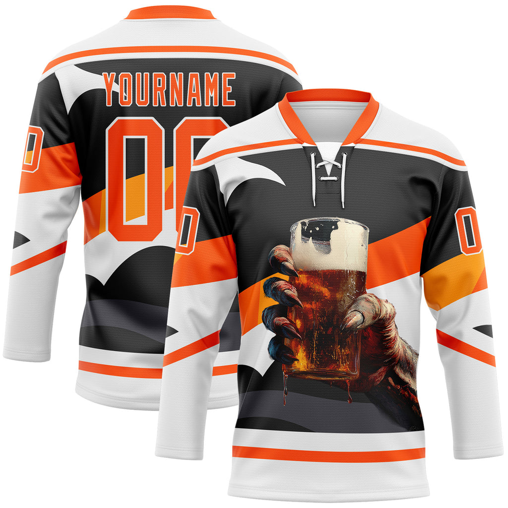 Custom Black Orange-White 3D Pattern Design Foodie Funny Cola Hockey Lace Neck Jersey