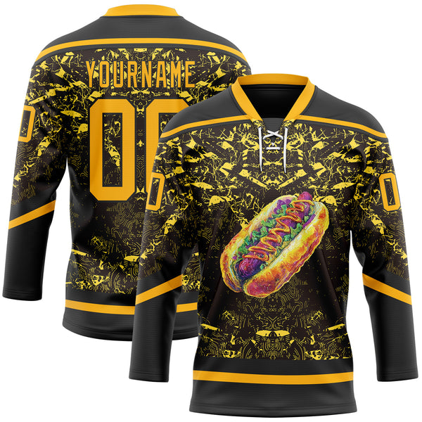 Custom Black Gold-White 3D Pattern Design Foodie Funny Hot Dog Hockey Lace Neck Jersey