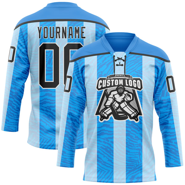 Custom Blue Black Powder Blue-White 3D Pattern Design Stripe Hockey Lace Neck Jersey