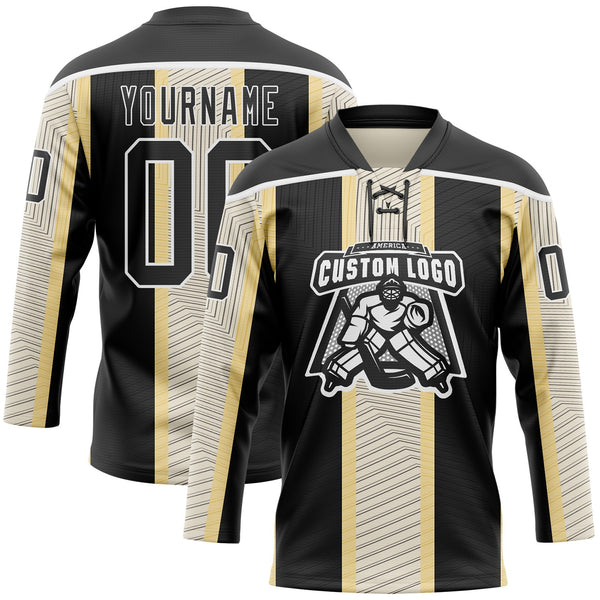 Custom Black Cream-White 3D Pattern Design Stripe Hockey Lace Neck Jersey