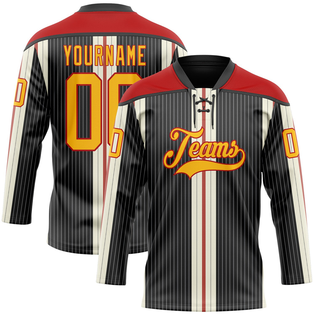 Custom Black Gold Cream-Red 3D Pattern Design Stripe Hockey Lace Neck Jersey