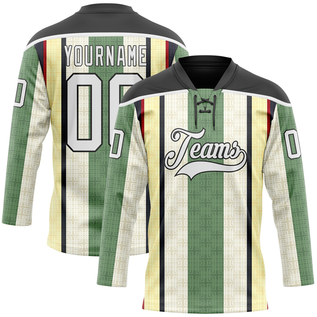 Custom Green White Cream Black-Red 3D Pattern Design Stripe Hockey Lace Neck Jersey