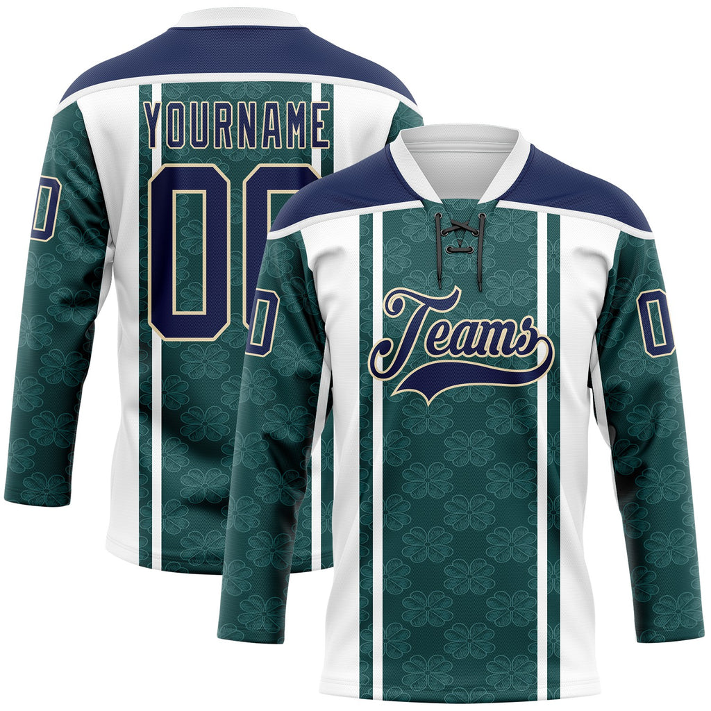Custom Green Navy White-Cream 3D Pattern Design Stripe Hockey Lace Neck Jersey