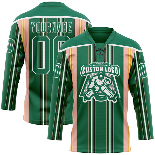 Custom Kelly Green Pink Yellow Black-White 3D Pattern Design Stripe Hockey Lace Neck Jersey