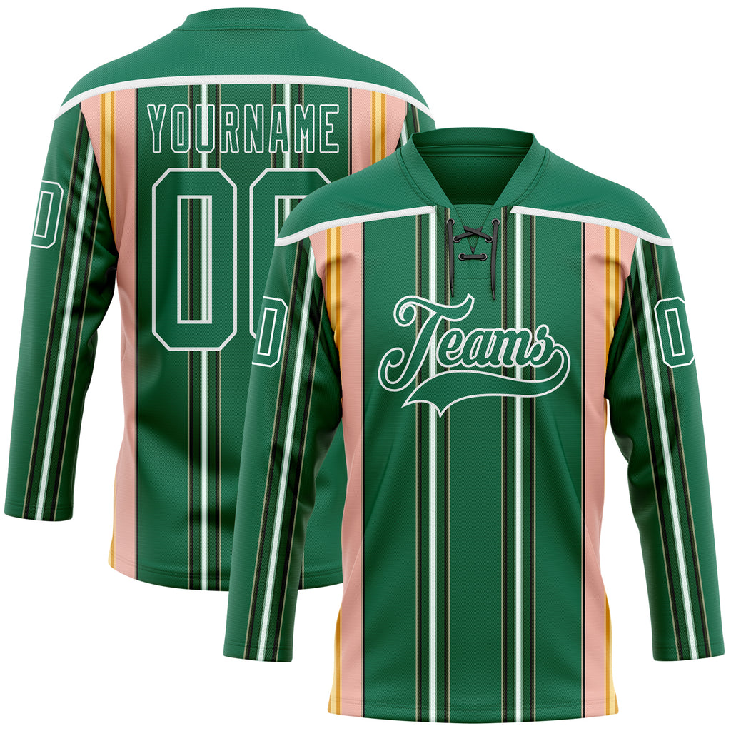 Custom Kelly Green Pink Yellow Black-White 3D Pattern Design Stripe Hockey Lace Neck Jersey