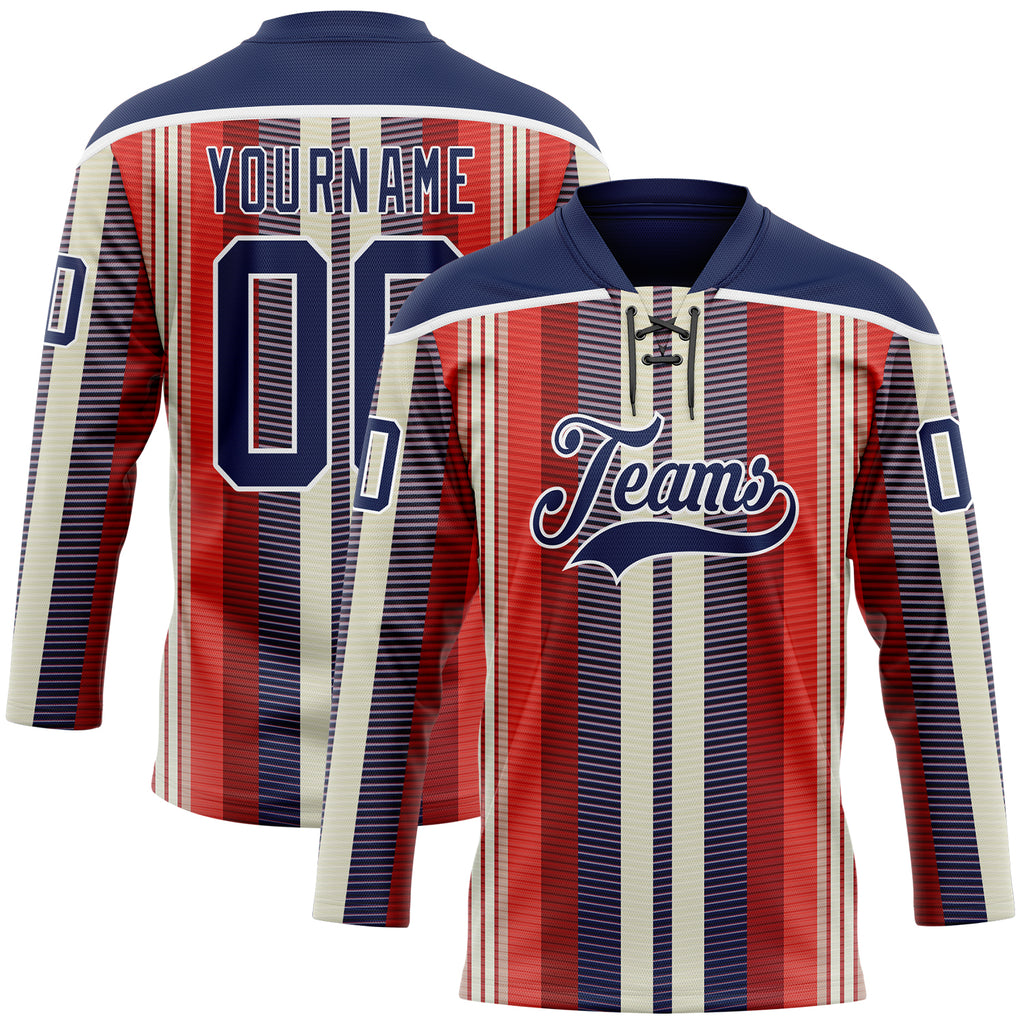 Custom Red Navy Cream-White 3D Pattern Design Stripe Hockey Lace Neck Jersey