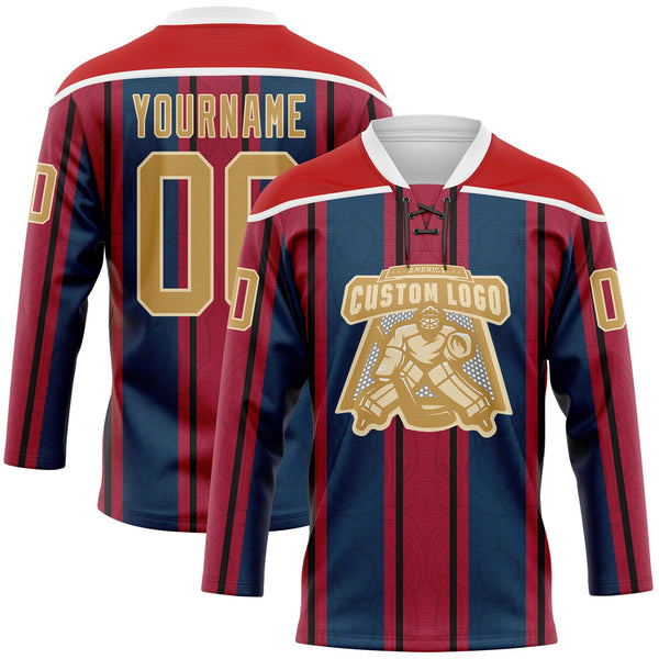 Custom Red Old Gold Navy White-Cream 3D Pattern Design Stripe Hockey Lace Neck Jersey