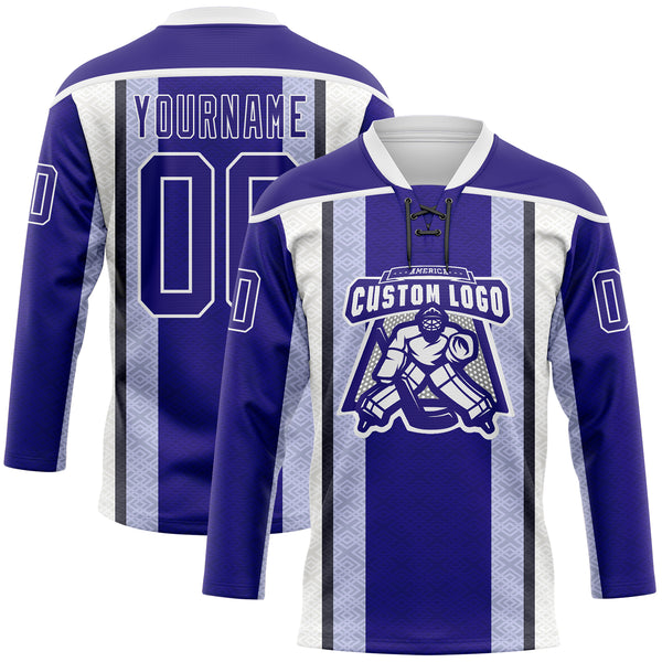 Custom Dark Purple Black-White 3D Pattern Design Stripe Hockey Lace Neck Jersey