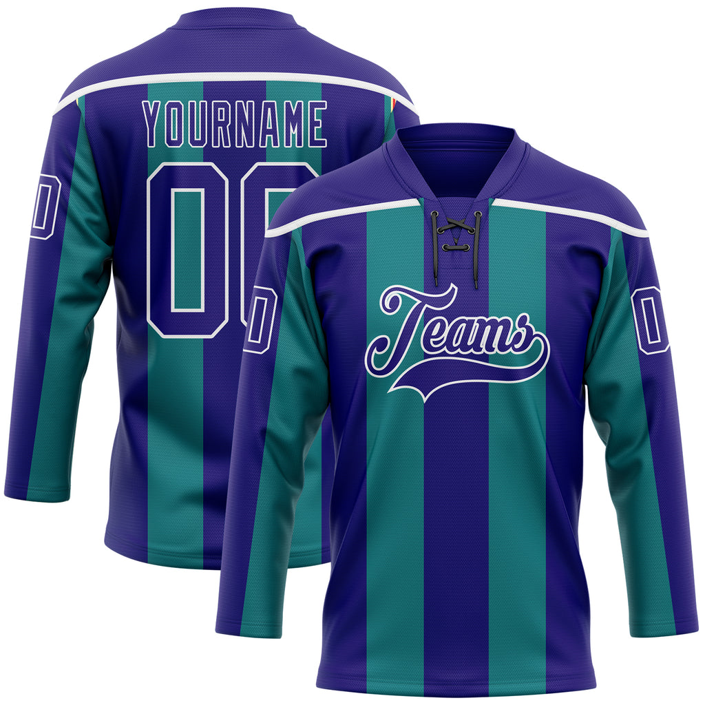 Custom Dark Purple Green-White 3D Pattern Design Stripe Hockey Lace Neck Jersey