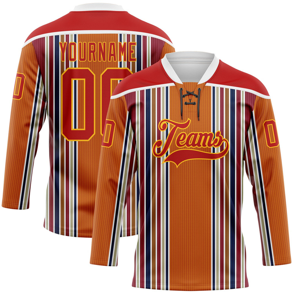 Custom Orange Red Blue Gold-White 3D Pattern Design Stripe Hockey Lace Neck Jersey