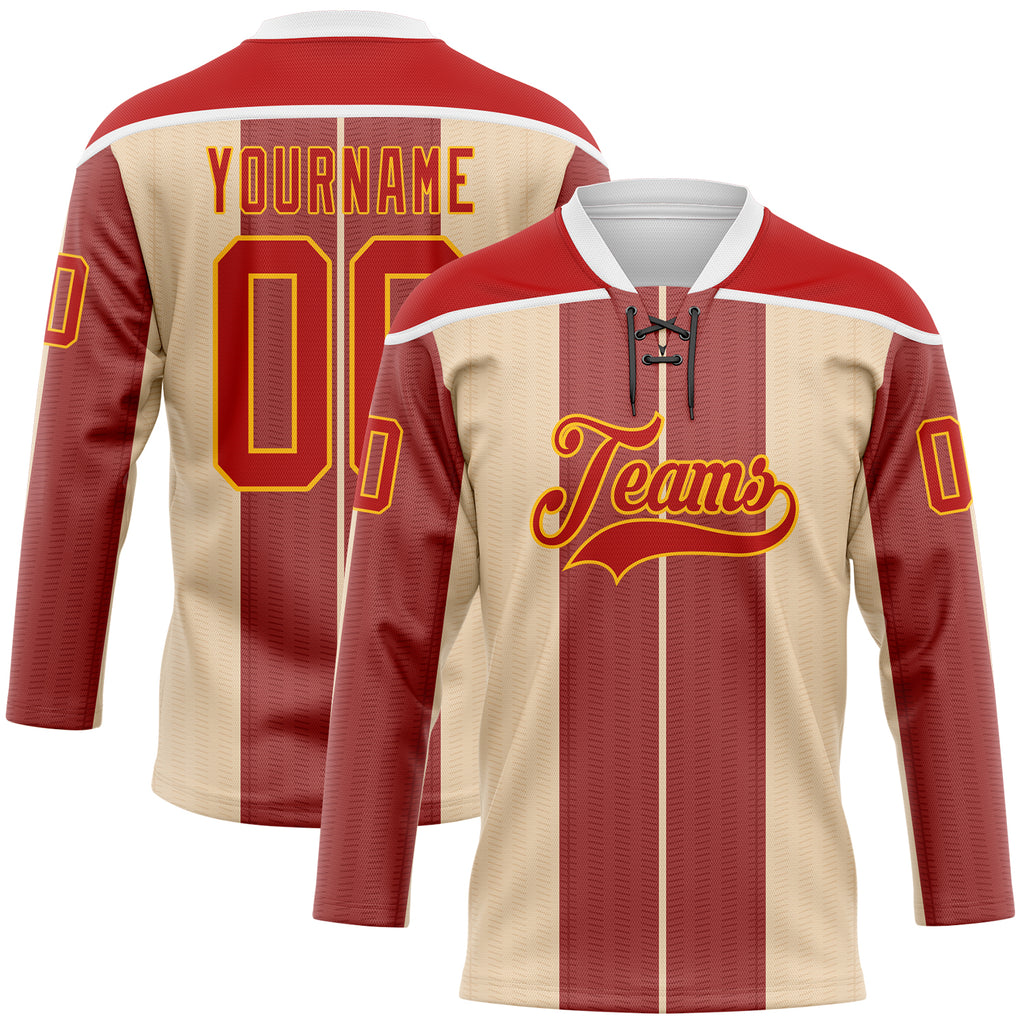 Custom Red Cream Gold-White 3D Pattern Design Stripe Hockey Lace Neck Jersey