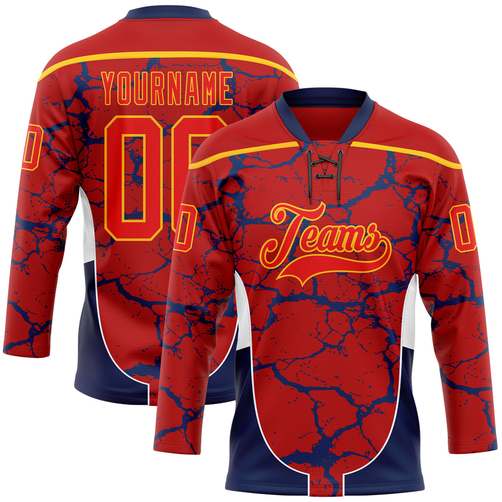 Custom Red Fire Red Gold Navy-White 3D Abstract Pattern Graphic Cyber Mecha E-sport Hockey Lace Neck Jersey