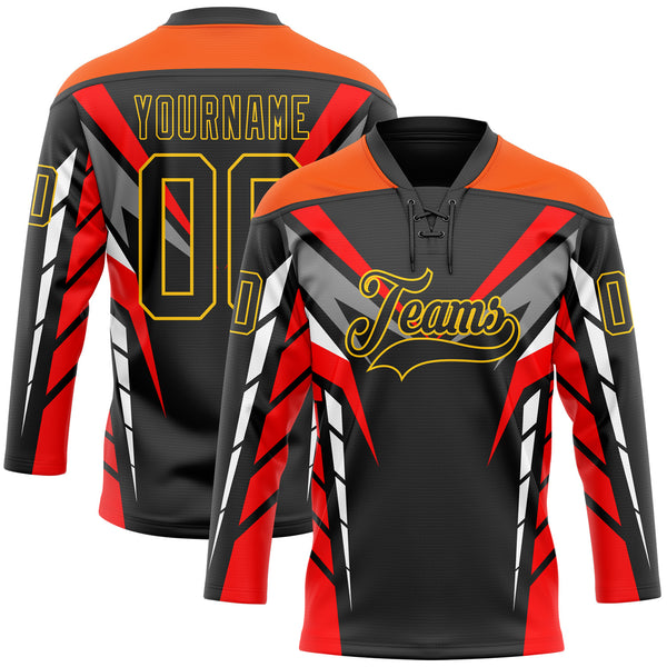 Custom Black Red Gray Orange-Yellow 3D Abstract Pattern Graphic Cyber Mecha E-sport Hockey Lace Neck Jersey
