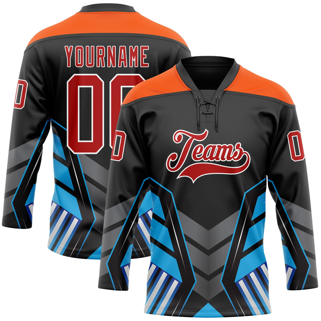 Custom Black Red Blue Gray Orange-White 3D Abstract Pattern Graphic Cyber Mecha E-sport Hockey Lace Neck Jersey