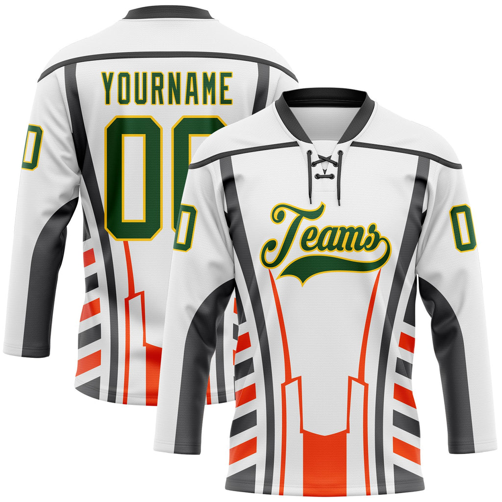 Custom White Green Red Black-Yellow 3D Abstract Pattern Graphic Cyber Mecha E-sport Hockey Lace Neck Jersey