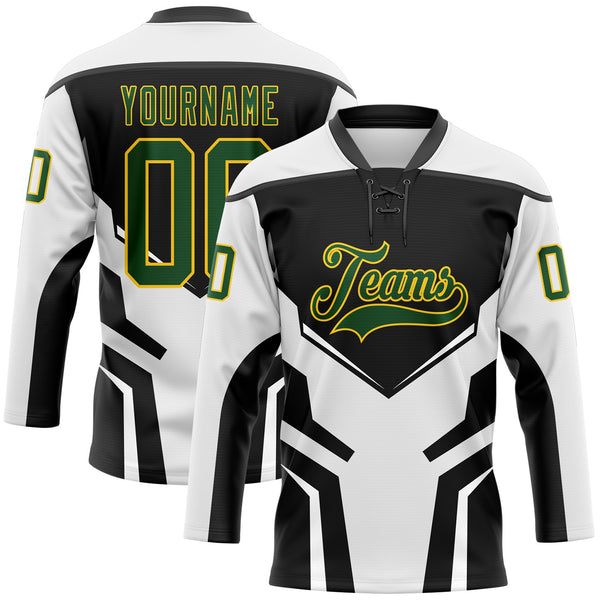 Custom White Green Black-Yellow 3D Abstract Pattern Graphic Cyber Mecha E-sport Hockey Lace Neck Jersey