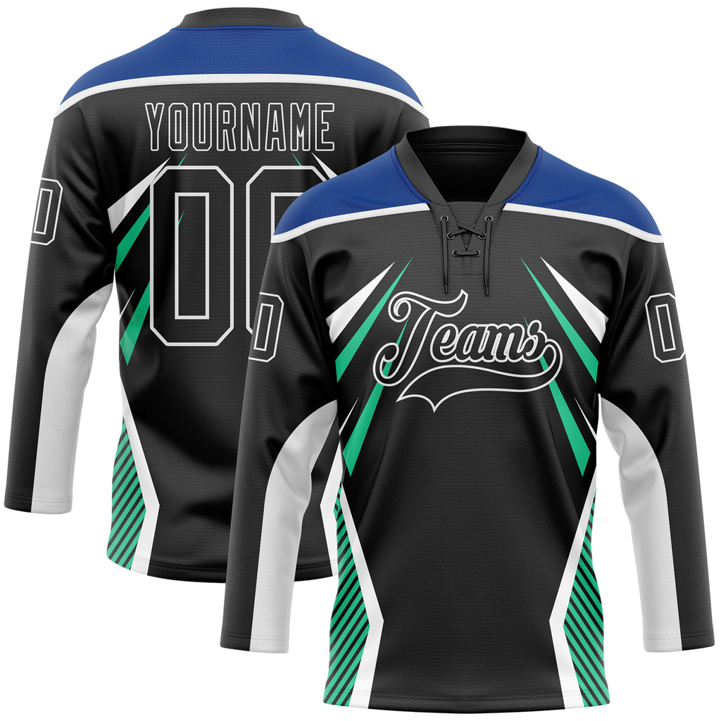 Custom Black Royal Green-White 3D Abstract Pattern Graphic Cyber Mecha E-sport Hockey Lace Neck Jersey