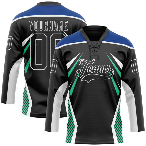 Custom Black Royal Green-White 3D Abstract Pattern Graphic Cyber Mecha E-sport Hockey Lace Neck Jersey