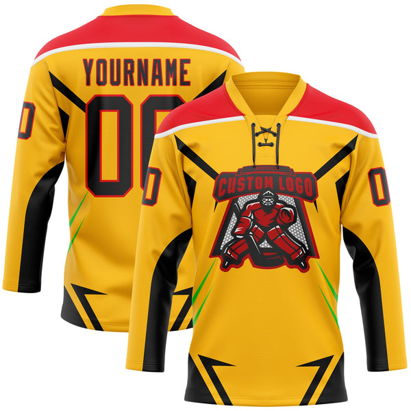 Custom Gold Black Fire Red Green-White 3D Abstract Pattern Graphic Cyber Mecha E-sport Hockey Lace Neck Jersey
