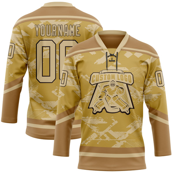 Custom Old Gold Vegas Gold Brown-Black 3D Pattern Tribal Indigenous Grunge Splash Hockey Lace Neck Jersey