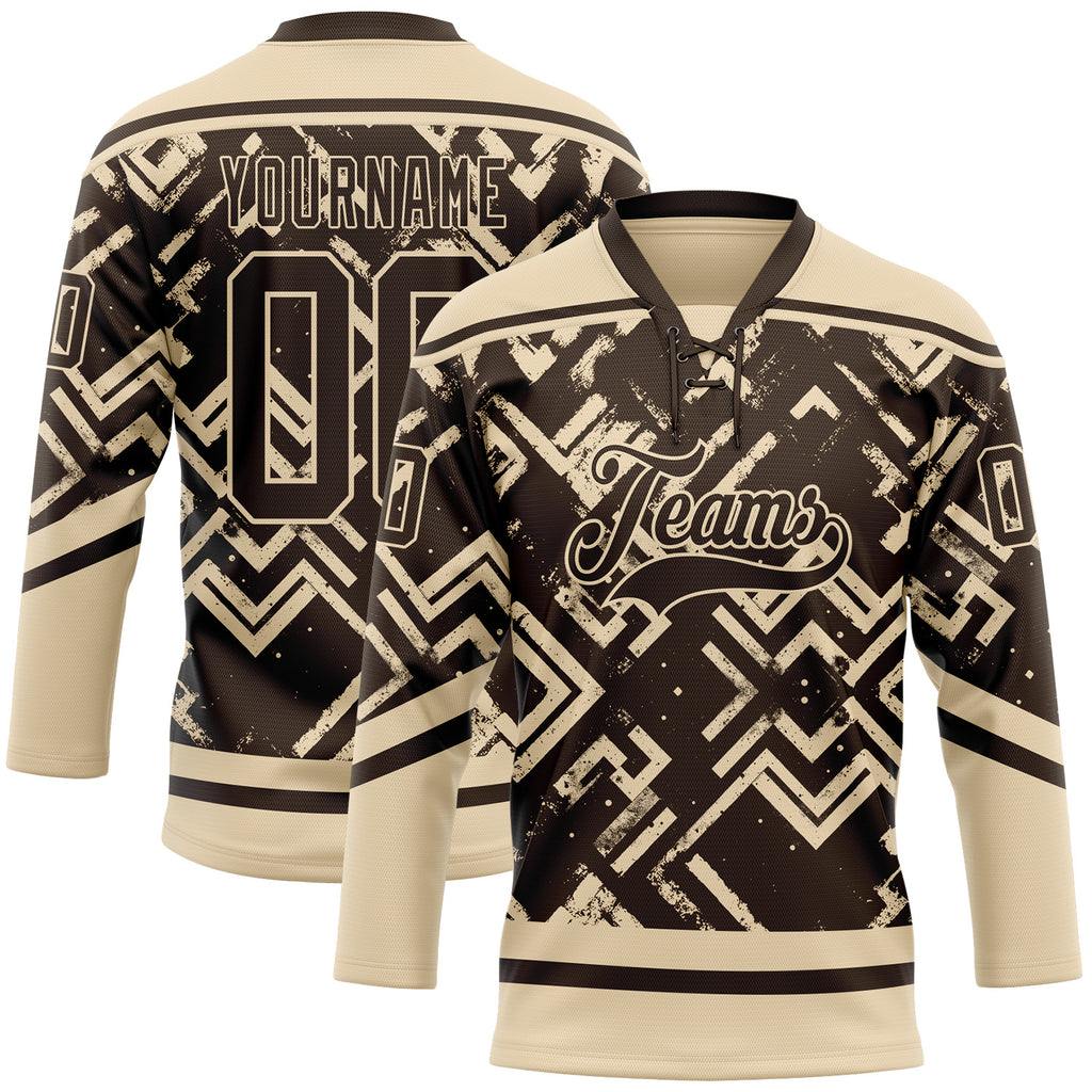 Custom Brown City Cream 3D Pattern Tribal Indigenous Grunge Geometric Splash Hockey Lace Neck Jersey