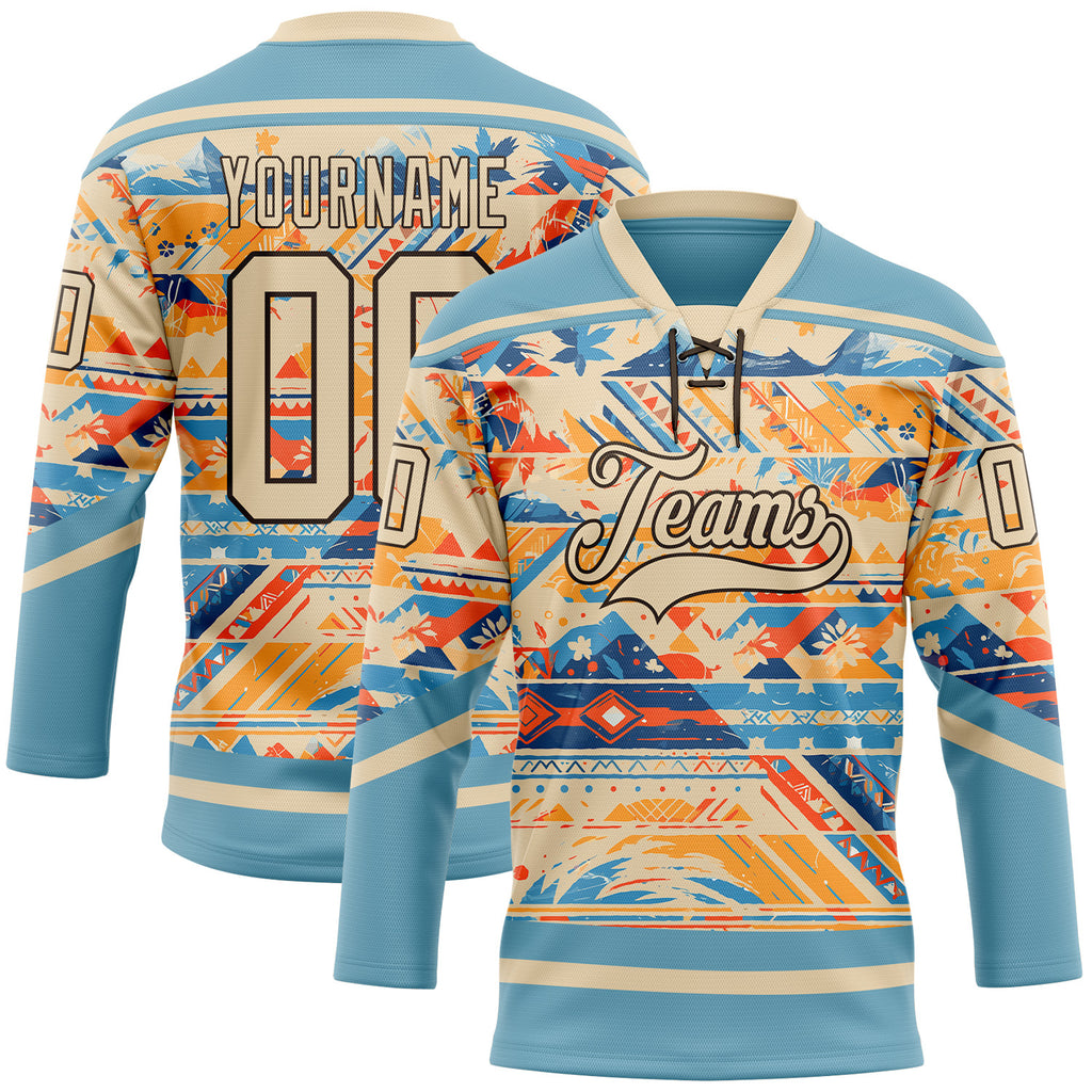 Custom Shadow Blue City Cream Brown-Orange 3D Pattern Tribal Indigenous Grunge Splash Hockey Lace Neck Jersey