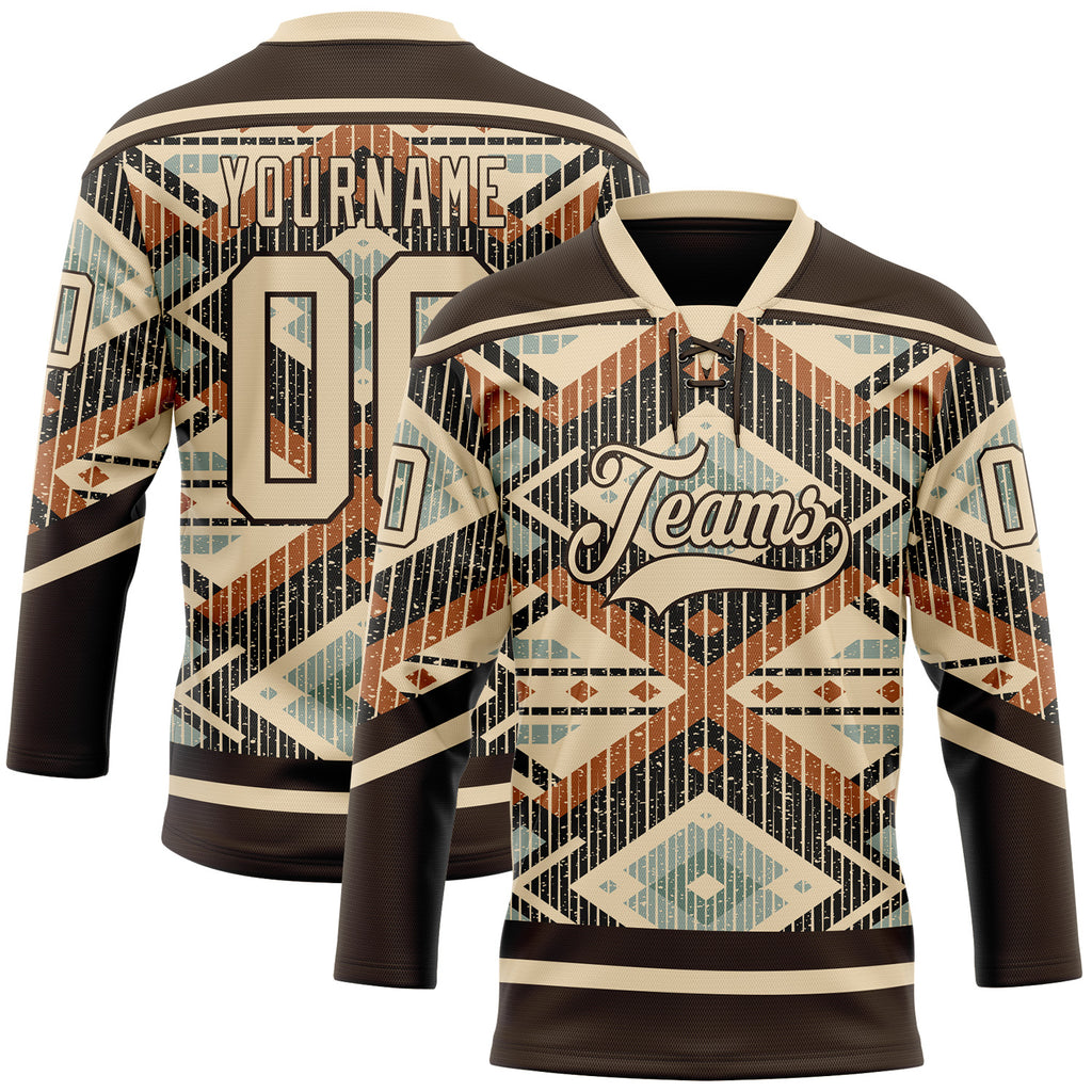 Custom Brown City Cream Orange-Blue 3D Pattern Tribal Indigenous Grunge Geometric Splash Hockey Lace Neck Jersey
