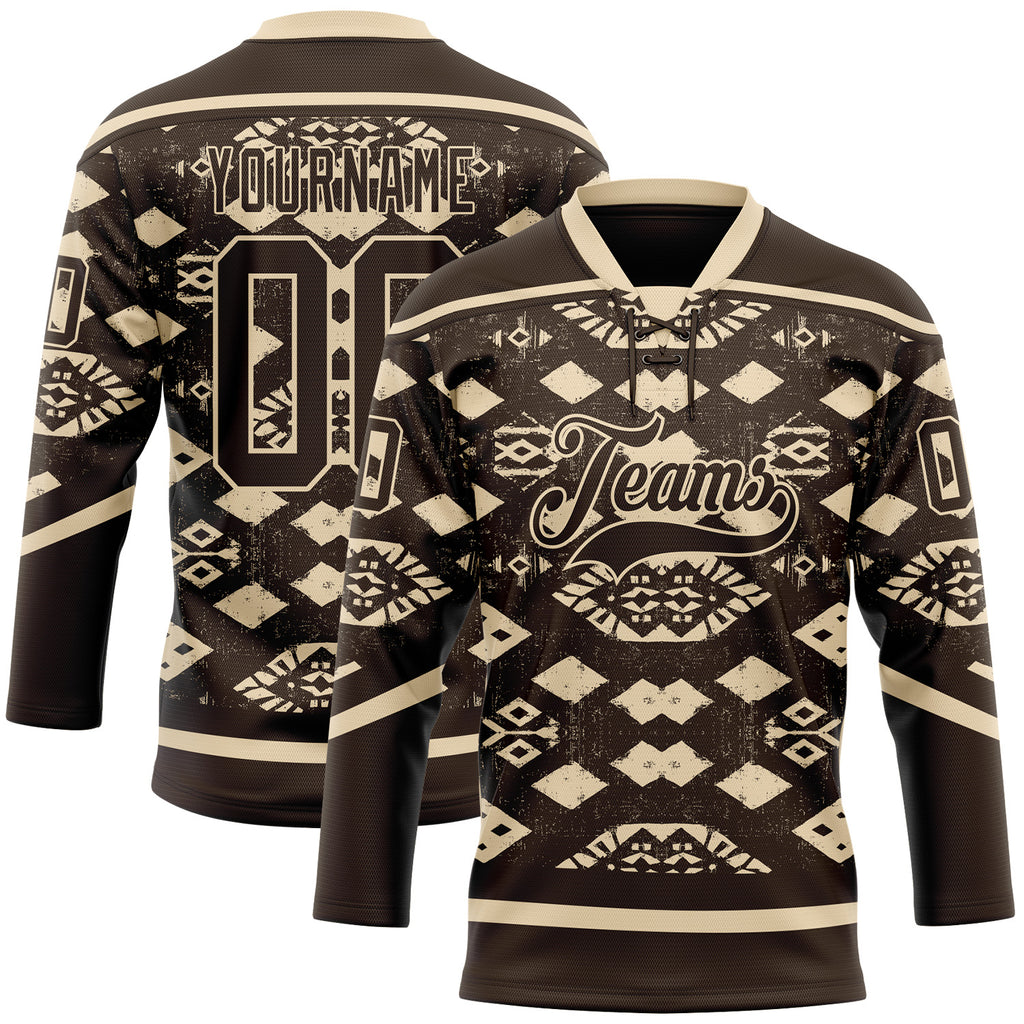Custom Brown City Cream 3D Pattern Tribal Indigenous Grunge Geometric Splash Hockey Lace Neck Jersey