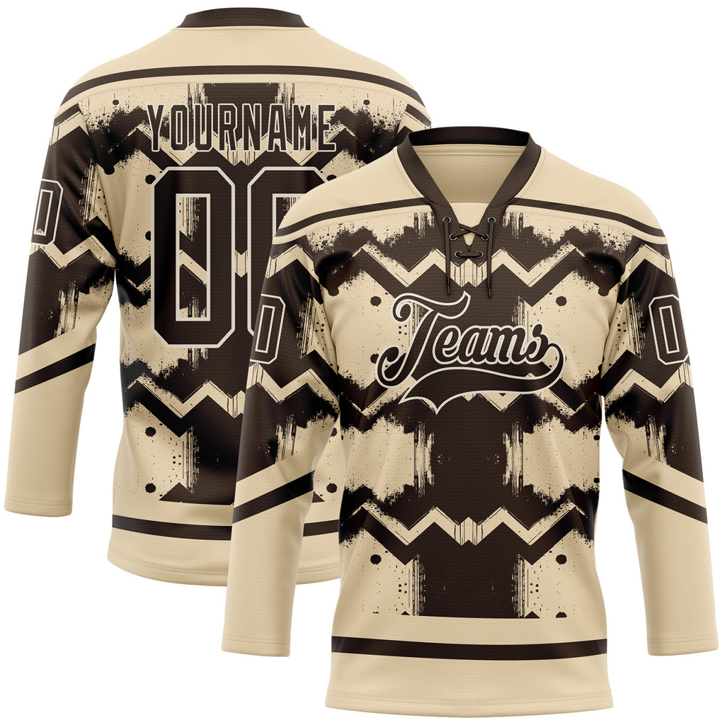 Custom City Cream Brown-Cream 3D Pattern Tribal Indigenous Grunge Geometric Splash Hockey Lace Neck Jersey