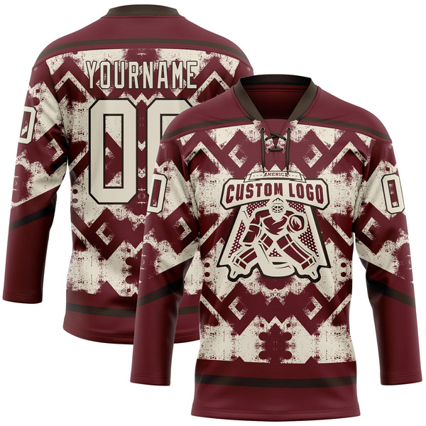 Custom Burgundy Cream-Brown 3D Pattern Tribal Indigenous Grunge Geometric Splash Hockey Lace Neck Jersey