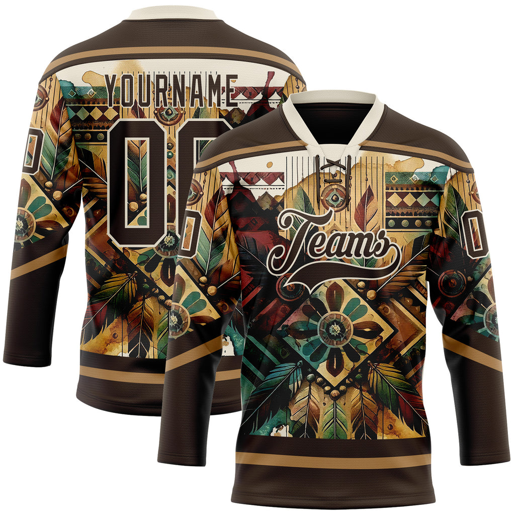 Custom Brown Old Gold-Cream 3D Pattern Tribal Indigenous Grunge Geometric Splash Hockey Lace Neck Jersey