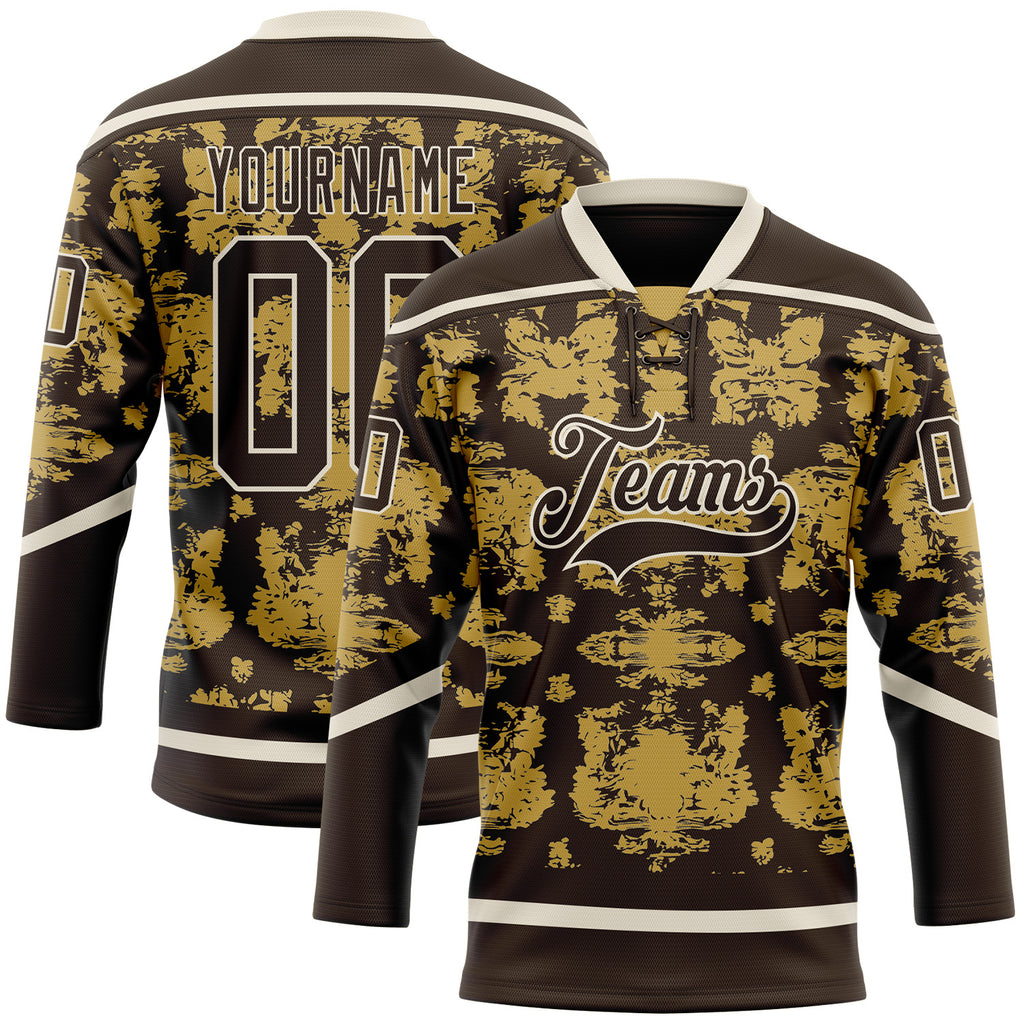 Custom Brown Old Gold-Cream 3D Pattern Tribal Indigenous Grunge Splash Hockey Lace Neck Jersey