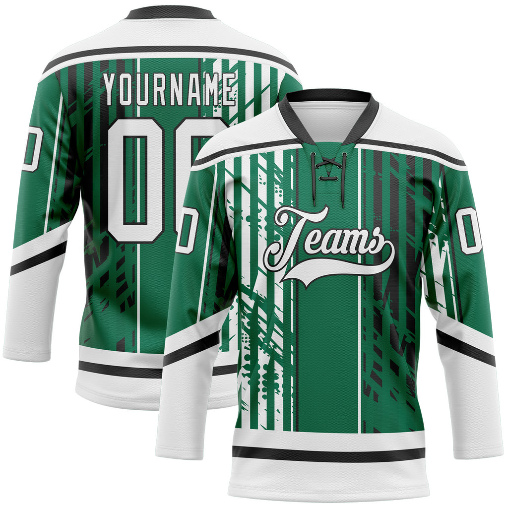 Custom Kelly Green White-Black 3D Pattern Abstract Dallas Inspired Grunge Stripe Hockey Lace Neck Jersey