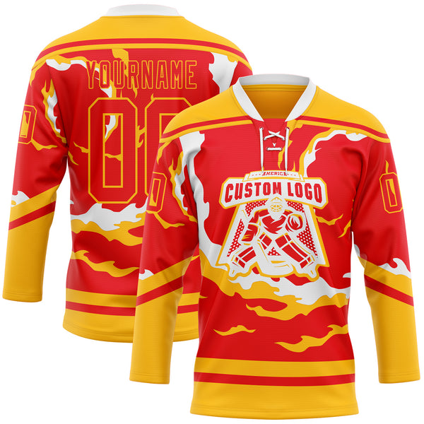 Custom Fire Red Gold-White 3D Pattern Abstract Calgary Inspired Flame Hockey Lace Neck Jersey