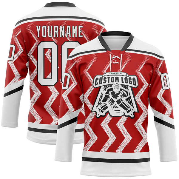 Custom Red White-Black 3D Pattern Abstract Chicago Inspired Zigzag Hockey Lace Neck Jersey
