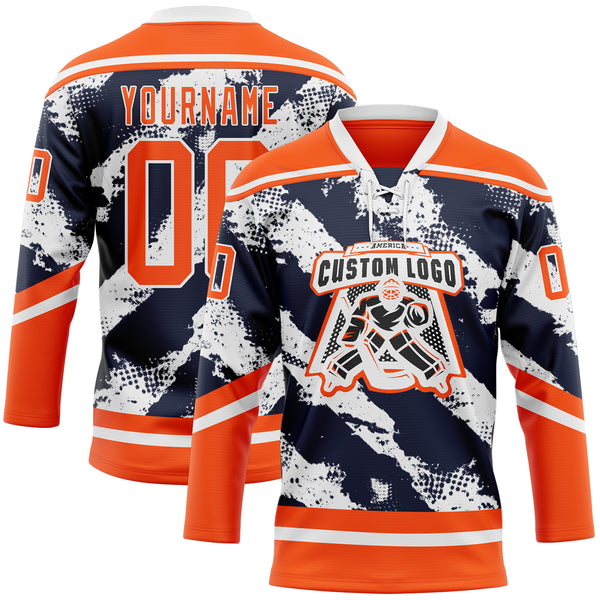 Custom Orange Navy-White 3D Pattern Abstract Edmonton Inspired Splash Hockey Lace Neck Jersey