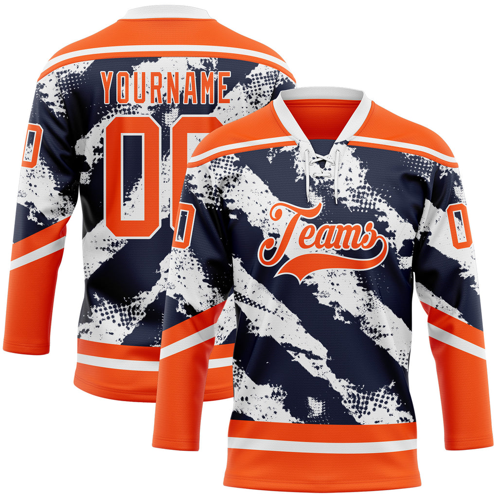 Custom Orange Navy-White 3D Pattern Abstract Edmonton Inspired Splash Hockey Lace Neck Jersey