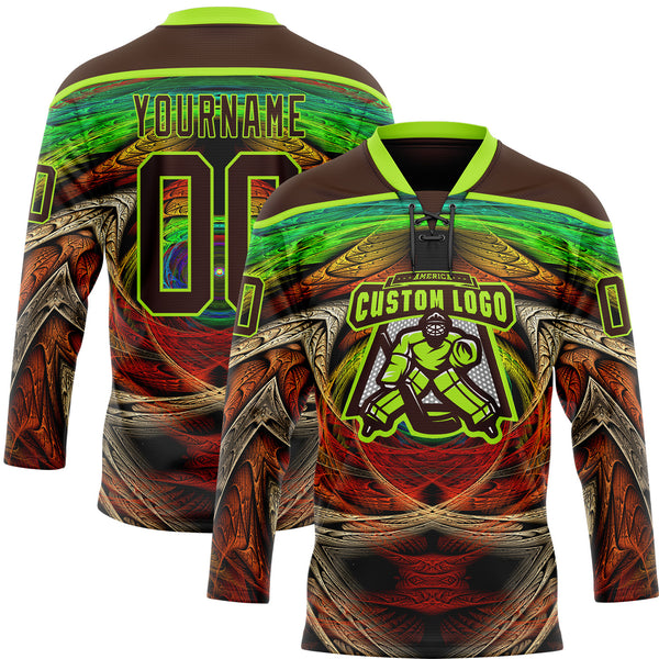 Custom Brown Neon Green Red-Blue 3D Pattern Trippy Psychedelic Hockey Lace Neck Jersey