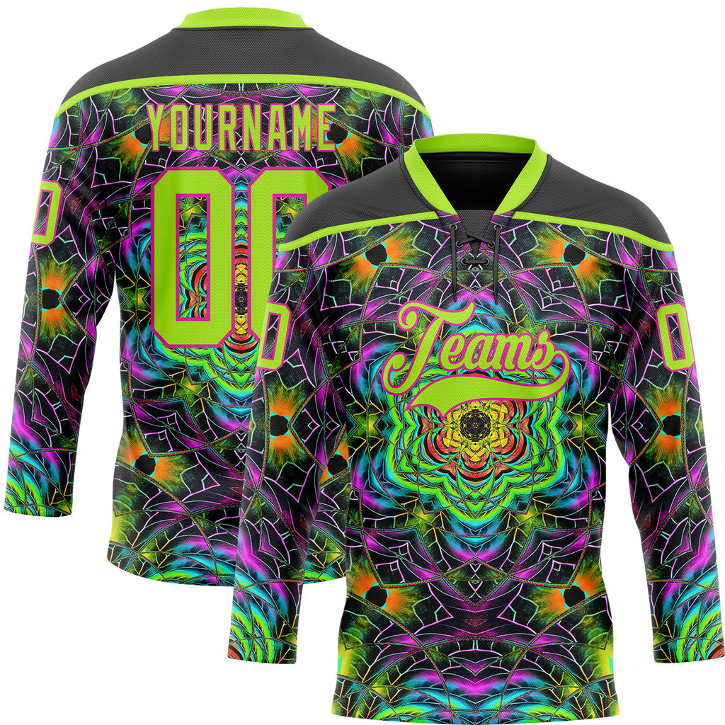 Custom Black Neon Green-Hot Pink 3D Pattern Trippy Psychedelic Geometric Hockey Lace Neck Jersey