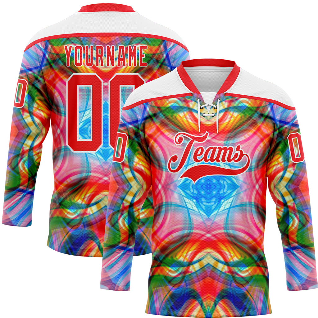Custom White Fire Red Green Blue-Yellow 3D Pattern Trippy Psychedelic Geometric Hockey Lace Neck Jersey