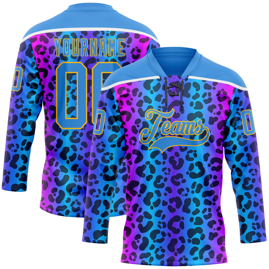 Custom Powder Blue Pink Gold-White 3D Pattern Leopard Print Neon Hockey Lace Neck Jersey