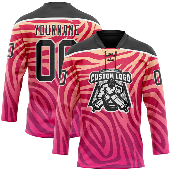 Custom Pink Black-White 3D Pattern Zebra Print Hockey Lace Neck Jersey