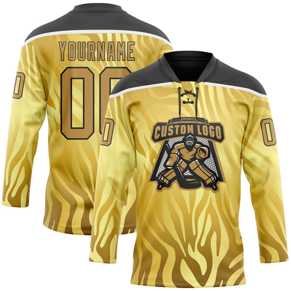 Custom Yellow Old Gold Black-White 3D Pattern Zebra Print Hockey Lace Neck Jersey
